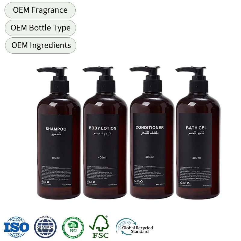 Personalized OEM Private Label 400mL Big Bottle Luxury Hotel Bath Gel Herbal Shampoo And Conditioner Kit Wholesale