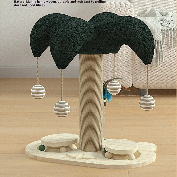 Cat Scratching Post with Wooden Rotating Base - Sturdy Sisal Scratching Post, Cat Activity Wheel, Hanging Toys Play Exercise