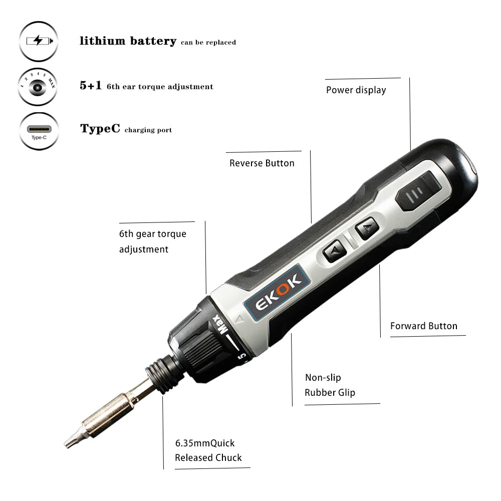 3.6V High-Torque Cordless Electric Screwdriver 30-Piece Bit Kit Battery Powered Professional DIY Projects Tool
