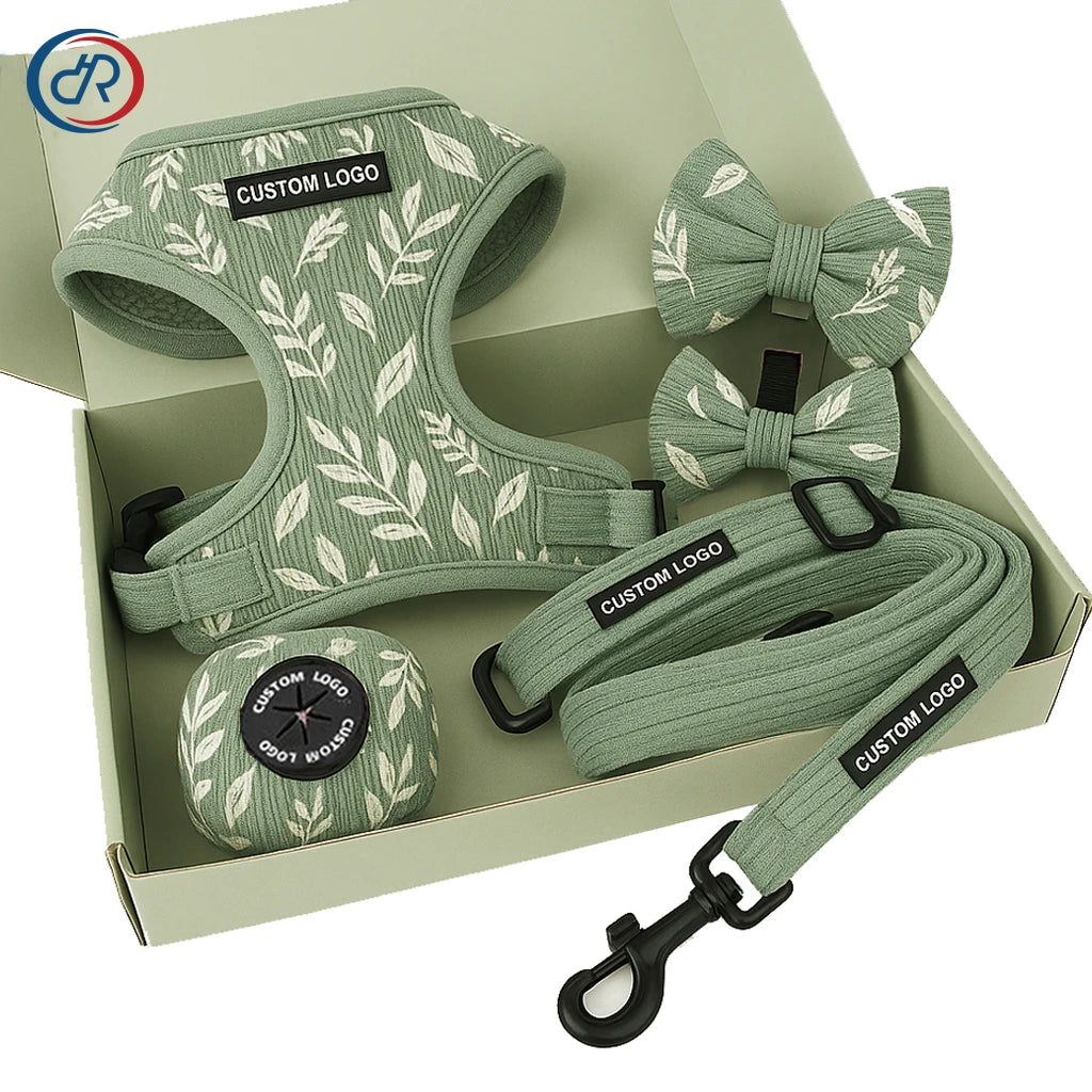 OKKPETS Puppy Accessories Green Corduroy Velvet Dog Harness Set Custom Rubber Logo with Pet Leashes Collars Kit