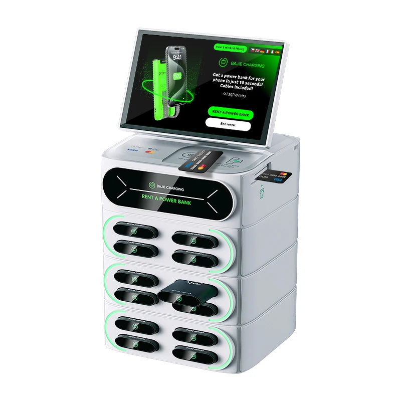 2024 New Bajie Charging Locker Advertising Kiosk Cell Phone 12 Slots Stacking Payment Kiosks Rent a Power Bank Station With Visa