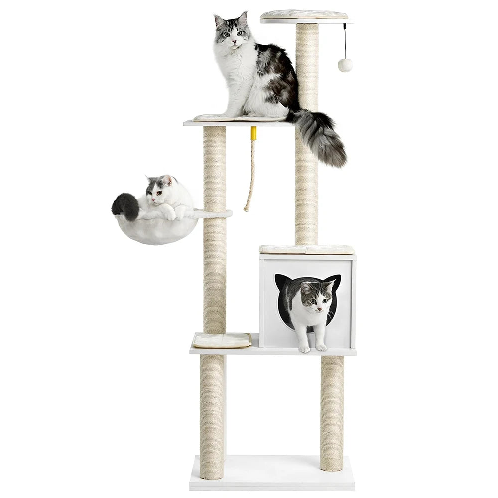Modern 65" Tall Wood Cat Tree Tower Indoor Bed for Small & Large Cats with Removable Pads & Beige Hammock Scratching Post
