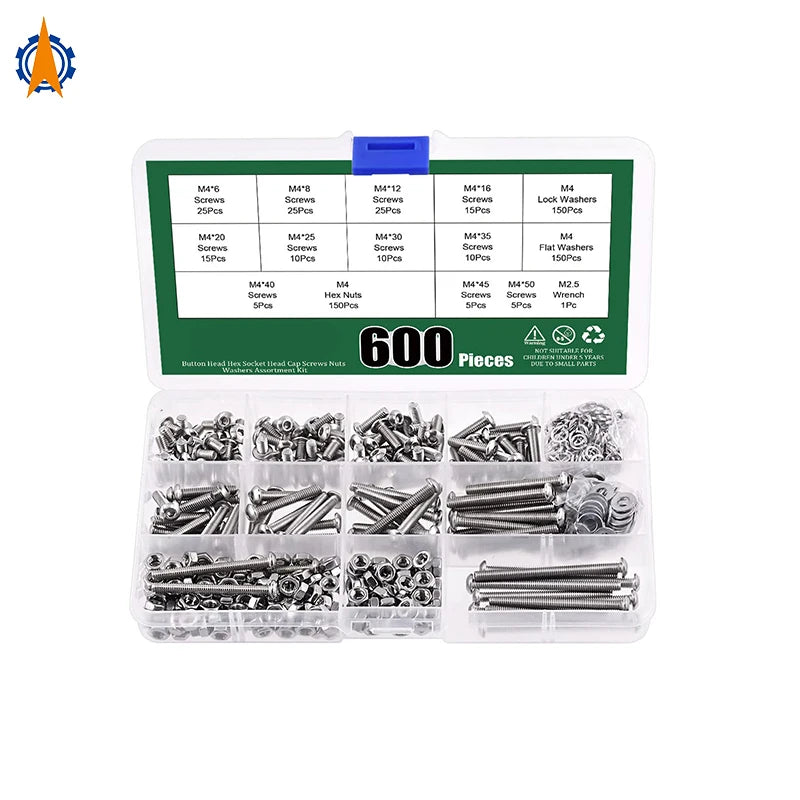 M4 600PCS 304 Stainless Steel Standard Metric Threaded Hexagon Bolts Screws Nuts Washers Fastener Hardware Screws Assortment Kit