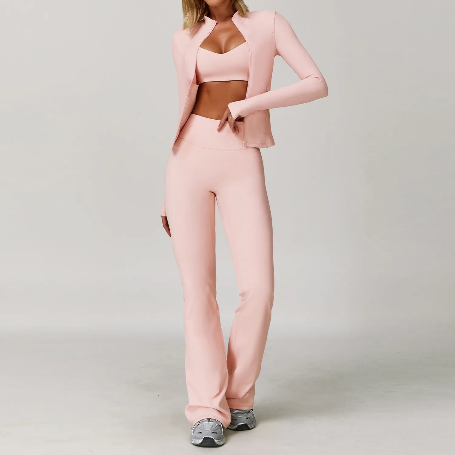 Women Workout Yoga Wear Set Breathable Gym Clothing 3 Pcs Yoga Jackets Workout Flare Leggings and Sports Bras Top Sportswear Set