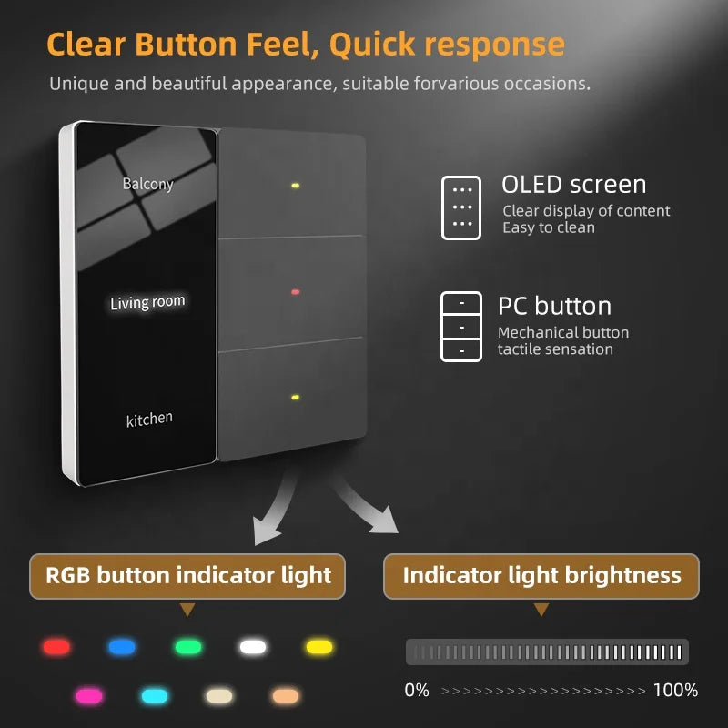Tuya WiFi Smart Home Product DIY Name Wall Lighting Switch with LED Display Panel 86x86mm 1 2 3 4 Gang Controller