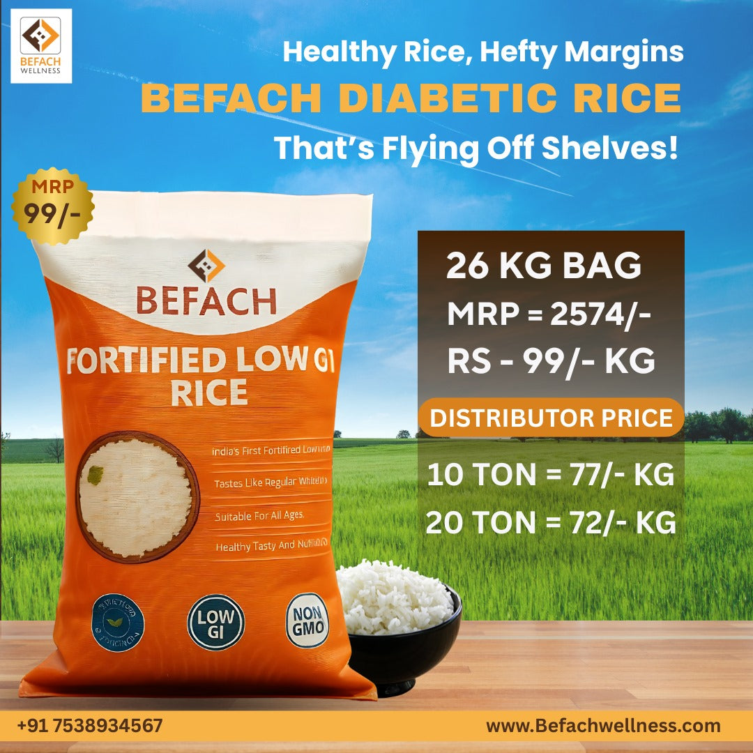 Befach Low GI Fortified Rice (26 Kg)| Certified By National Institute Of Nutrition | Low Sugar | Low Gi | Free Of Pesticides, Non Gmo, Perfect For Diet & Diabetic People