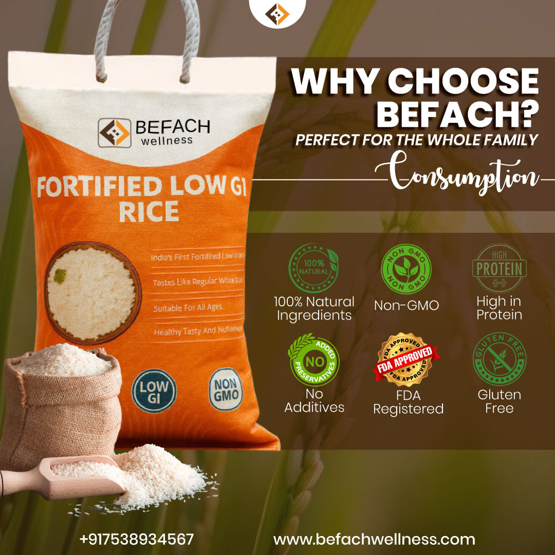 Befach Low GI Fortified Rice (26 Kg)| Certified By National Institute Of Nutrition | Low Sugar | Low Gi | Free Of Pesticides, Non Gmo, Perfect For Diet & Diabetic People