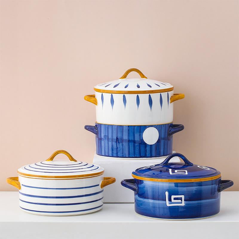 Binaural Soup Bowl With Lid Large Household Ceramics