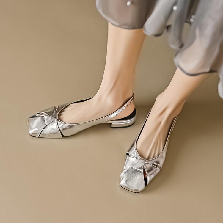 Authentic Leather Toe Box Women's Flat Shoes Back Strap Square Head