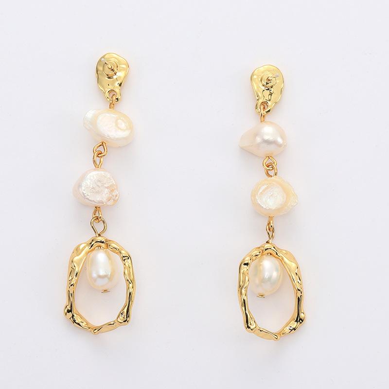 Gold Geometric Long Freshwater Pearl Earrings