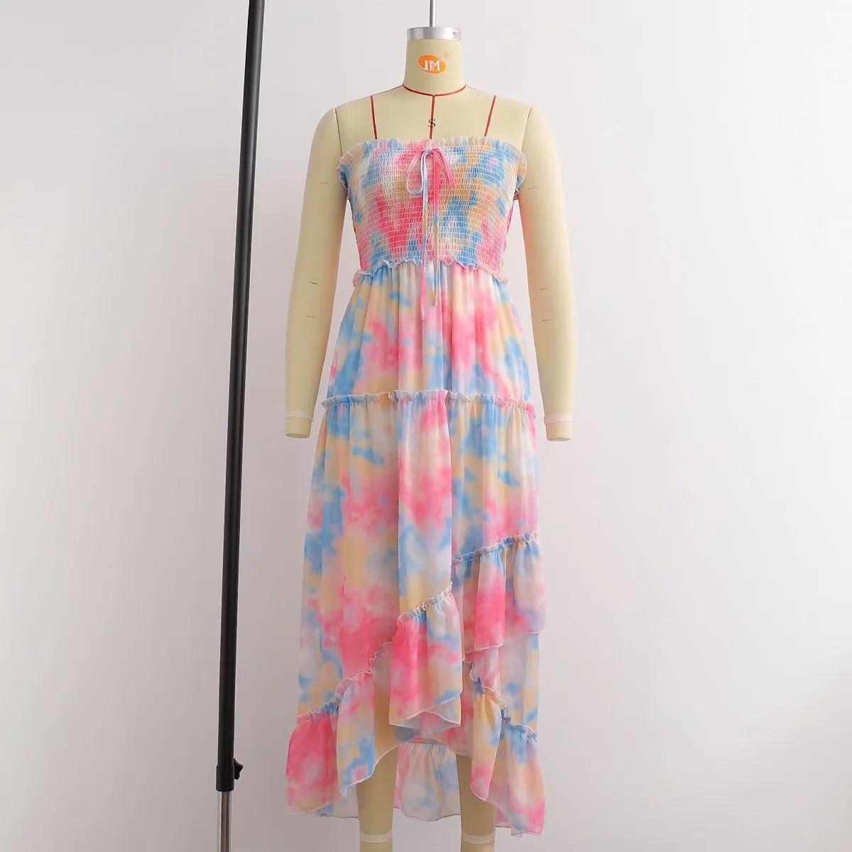 Ins Chest-wrapped Irregular Tie-dyed Large Swing Dress Summer New European And American Fashion Elastic Slimming Dress