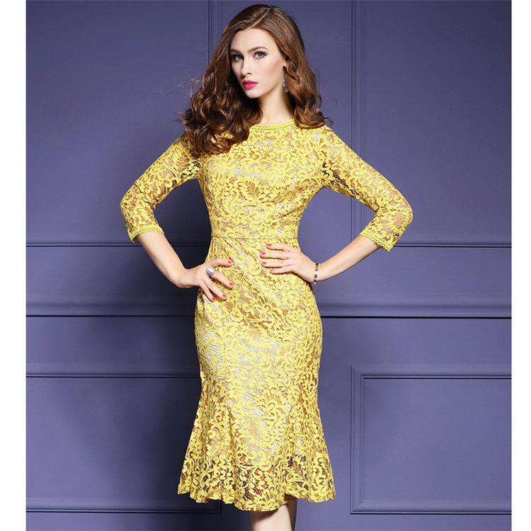 Europe and the United States slim slimming long round neck lace bag hip dress