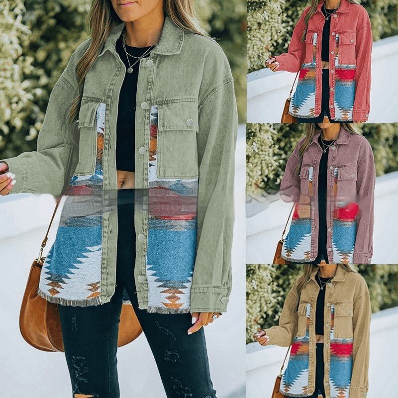 Women's Cowboy Coat Lapel Pocket Patchwork Wool Washed Distressed Coat