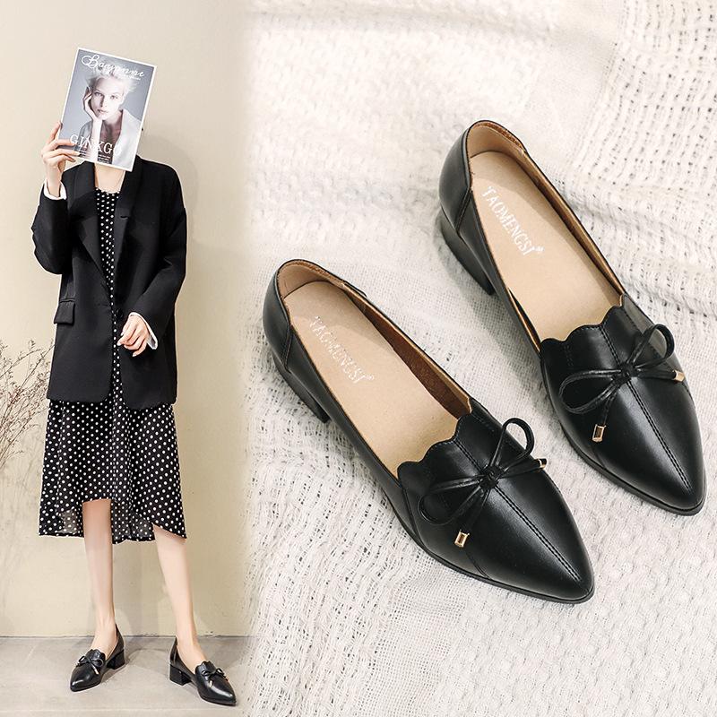 Chunky heel fashion shoes with bow pointed toe women's shoes