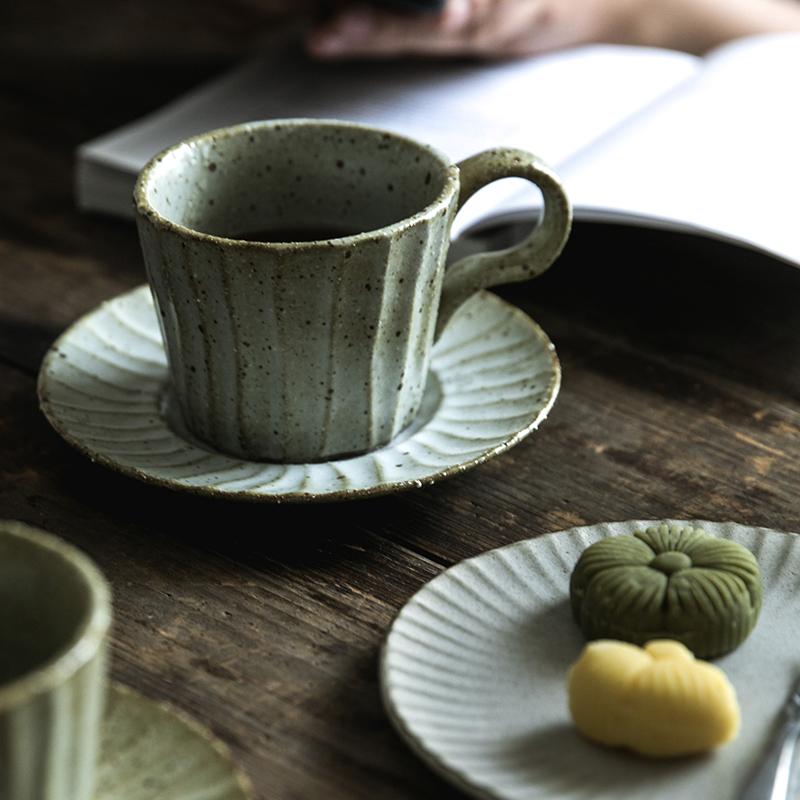 Antique coarse pottery breakfast mug and Dish Set