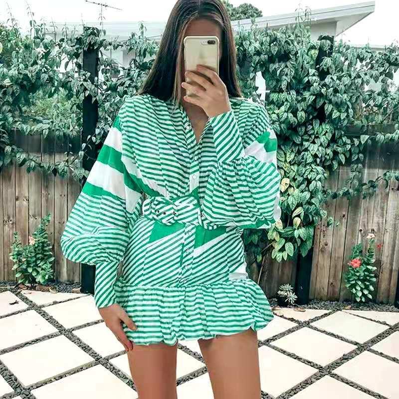 Retro Goddess Temperament Striped Loose Lantern Sleeve Dress