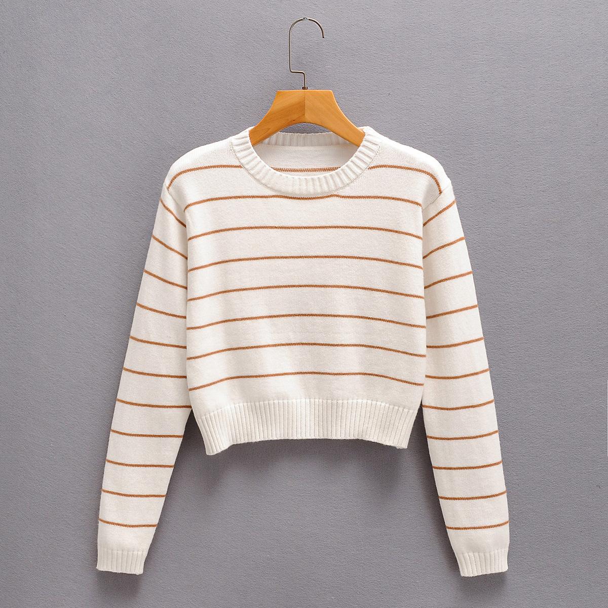 Short Round Neck Color-block Striped Long-sleeved Sweater