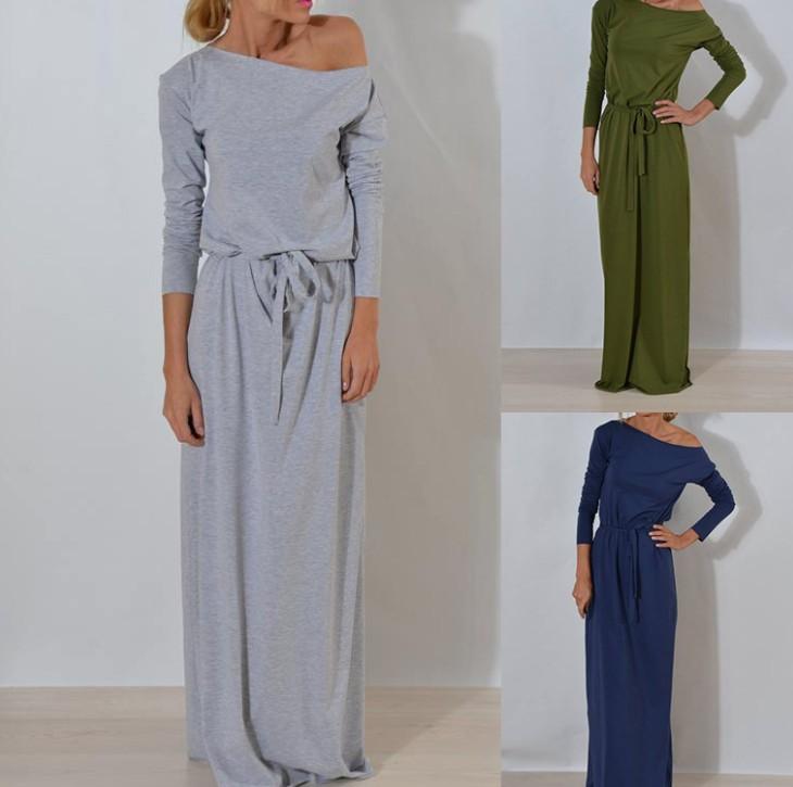 Oblique Collar Long Sleeve Dress Long Belt Dress