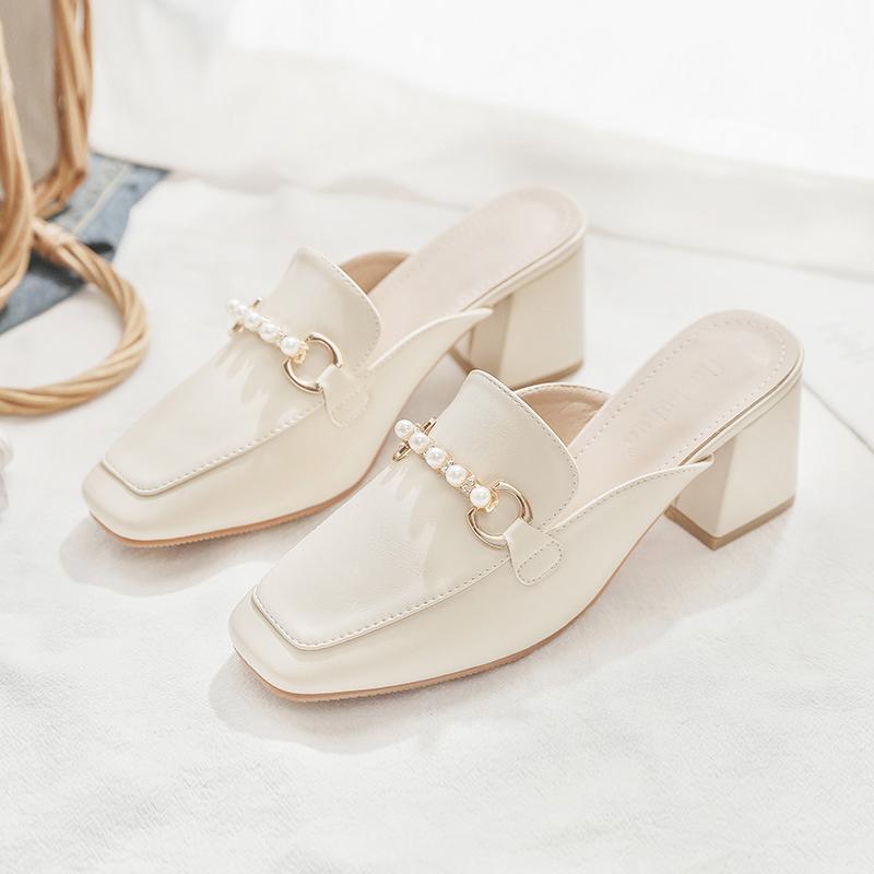 Summer New Net Celebrity No Heel Lazy Thick Heel High Heel Baotou Half Slippers Female Outer Wear Half Support Single Shoes Women