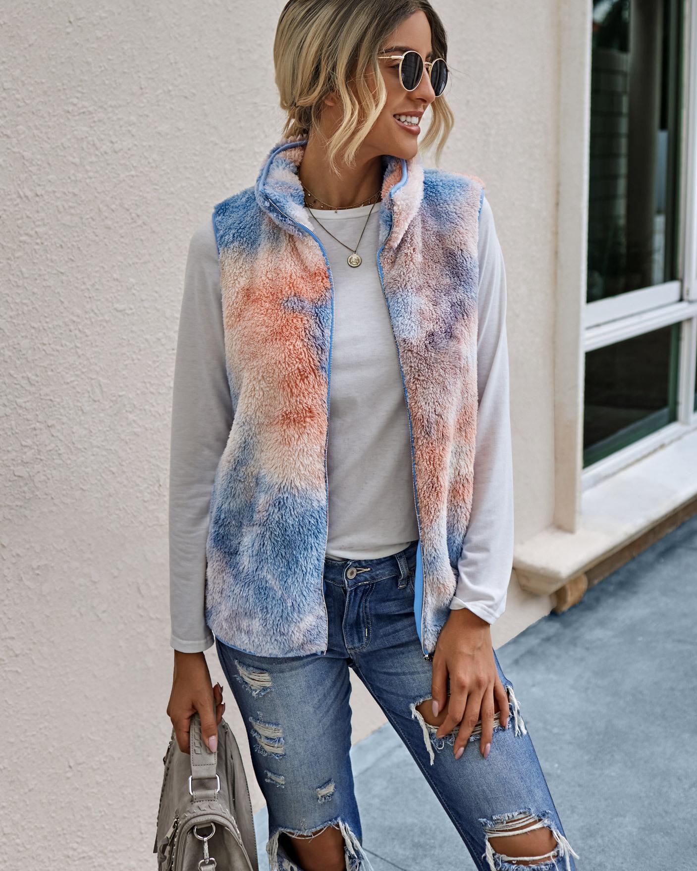 Tie-dyed Fur Zipper Pocket High Neck Waistcoat