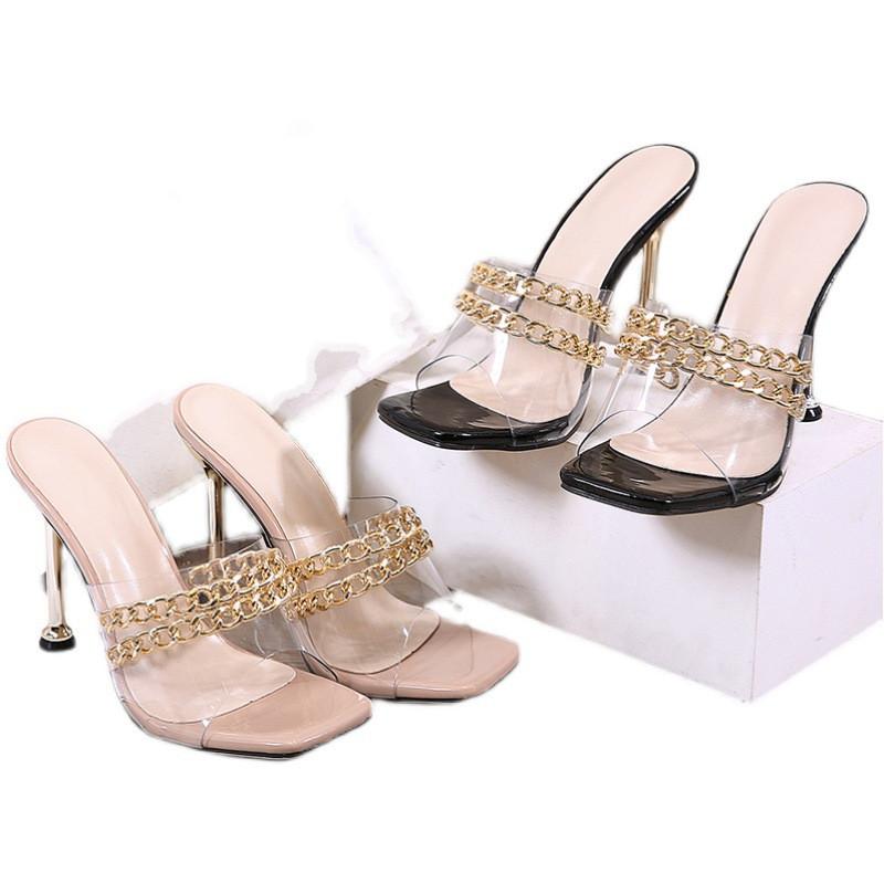Square-toe Metal Chain Electroplated Heel Sandals And Slippers