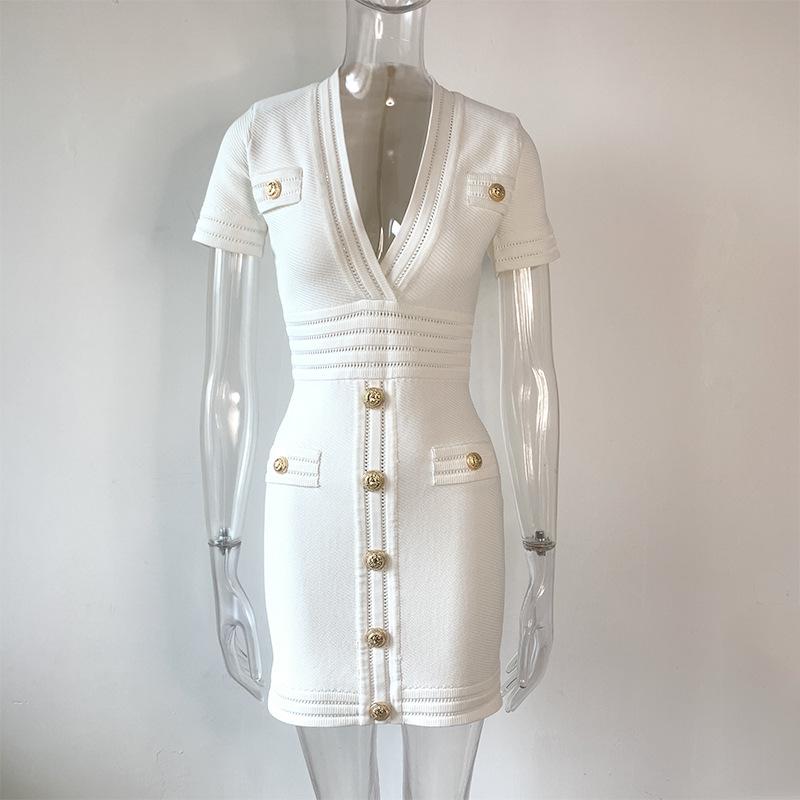 Temperament Commuting Personality High Waist Tight-Fitting Big White Short Skirt Dress Short-Sleeved Knitted Summer Bag Hip Skirt