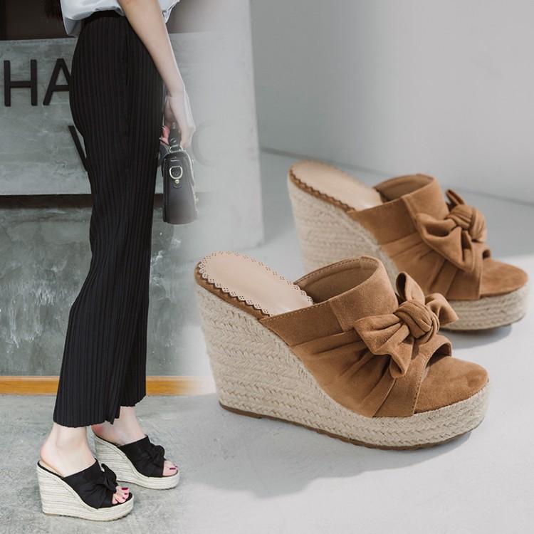 Bowknot Fish Mouth Women's Sandals High-heel Slippers Straw Woven Platform