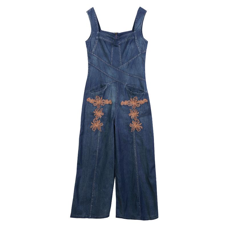 Skinny And Age-reducing Denim Trousers Retro Embroidery High-waist Jumpsuit