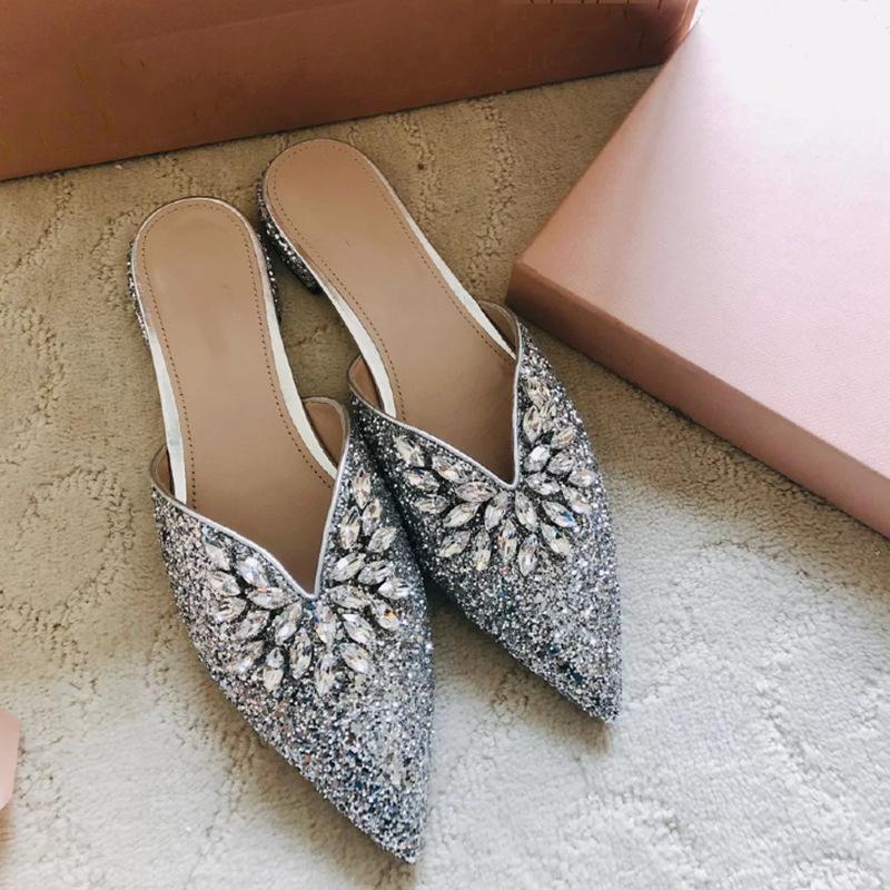 New Semi-Drag Rhinestone Sequined Pointed Toe Women'S Sandals And Slippers
