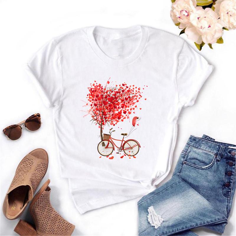 Bicycle Flower Heart T-Shirt New Bicycle Flower Heart Balloon Print Ladies T-shirt