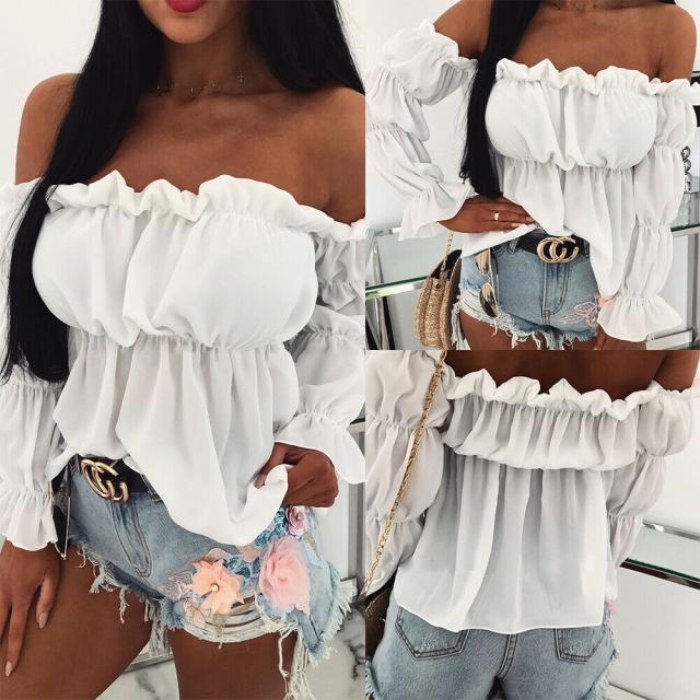 One Shoulder Solid Color Waist Chiffon Shirt