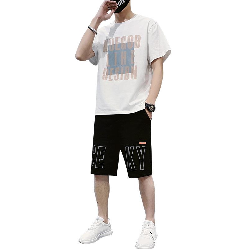 Summer New Men's Thin Suit Round Neck T-shirt A Set Of Two-piece Student Sports Two-piece Five-point Pants
