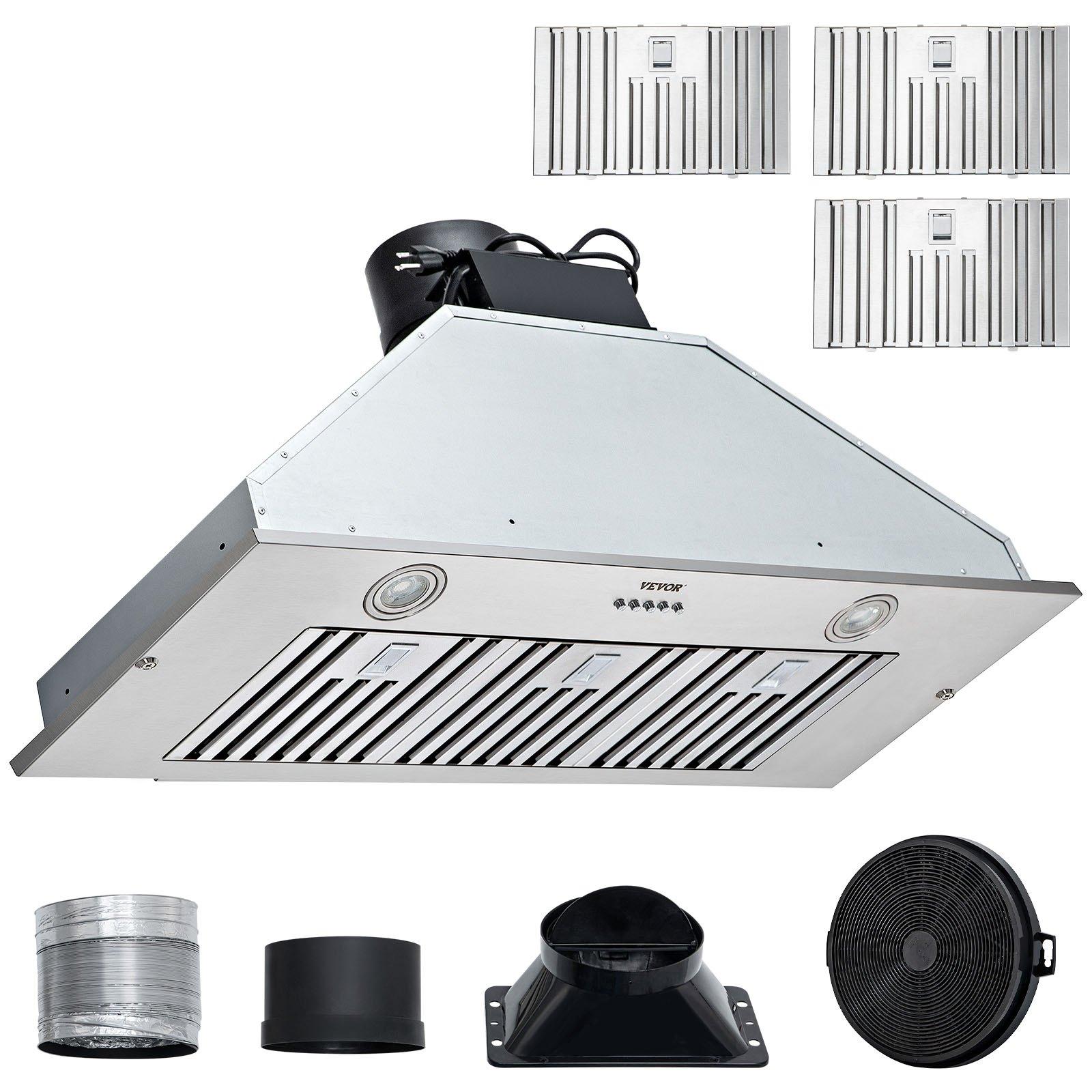 Insert Range Hood, 800CFM 3-Speed, 36 Inch Stainless Steel Built-in Kitchen Vent With Push Button Control LED Lights Baffle Filters, Ducted/Ductless Convertible, ETL Listed