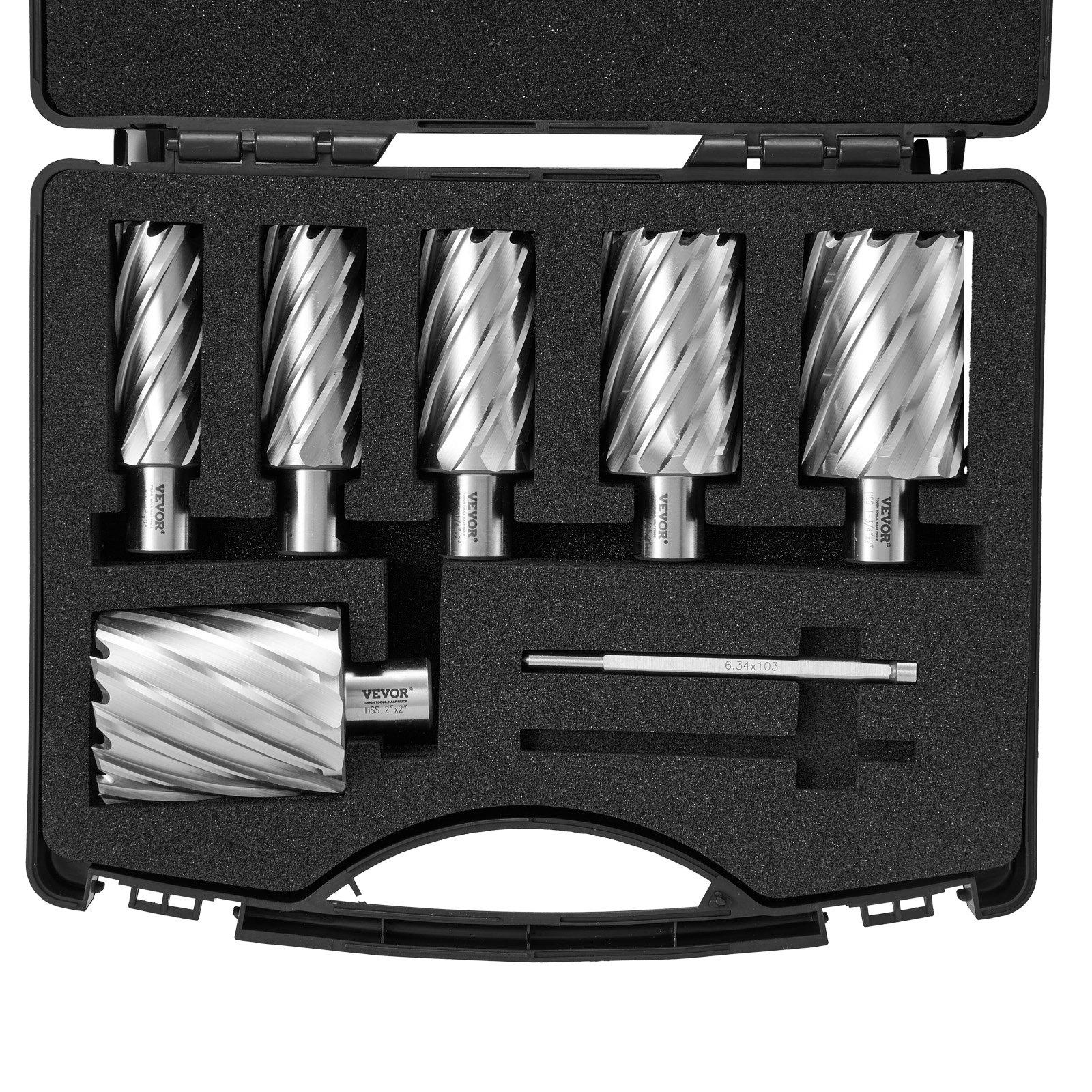 Annular Cutter Set, 6 Pcs Weldon Shank Mag Drill Bits, 1' To 2' Cutting Diameter, 2' Cutting Depth, M2AL High-Speed Steel, With 2 Pilot Pins And Portable Case, For Using With Magnetic Drills