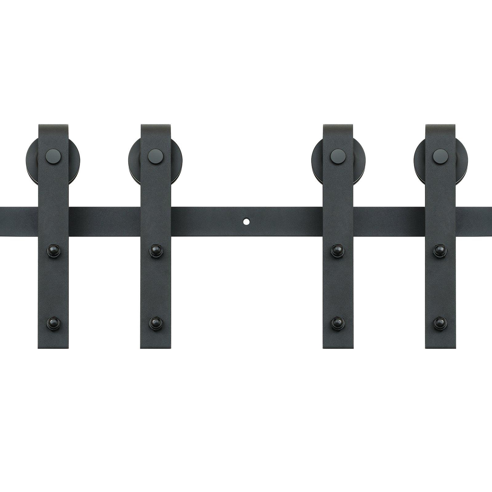 8FT Sliding Barn Door Hardware Kit, 330LBS Heavy Duty Barn Door Track Kit For Double Doors, Fit 3.7-4.3FT Total Wide And 1.3'-1.8' Thick 2 Door Panel, With Smooth & Silent Pulley (J Shape)