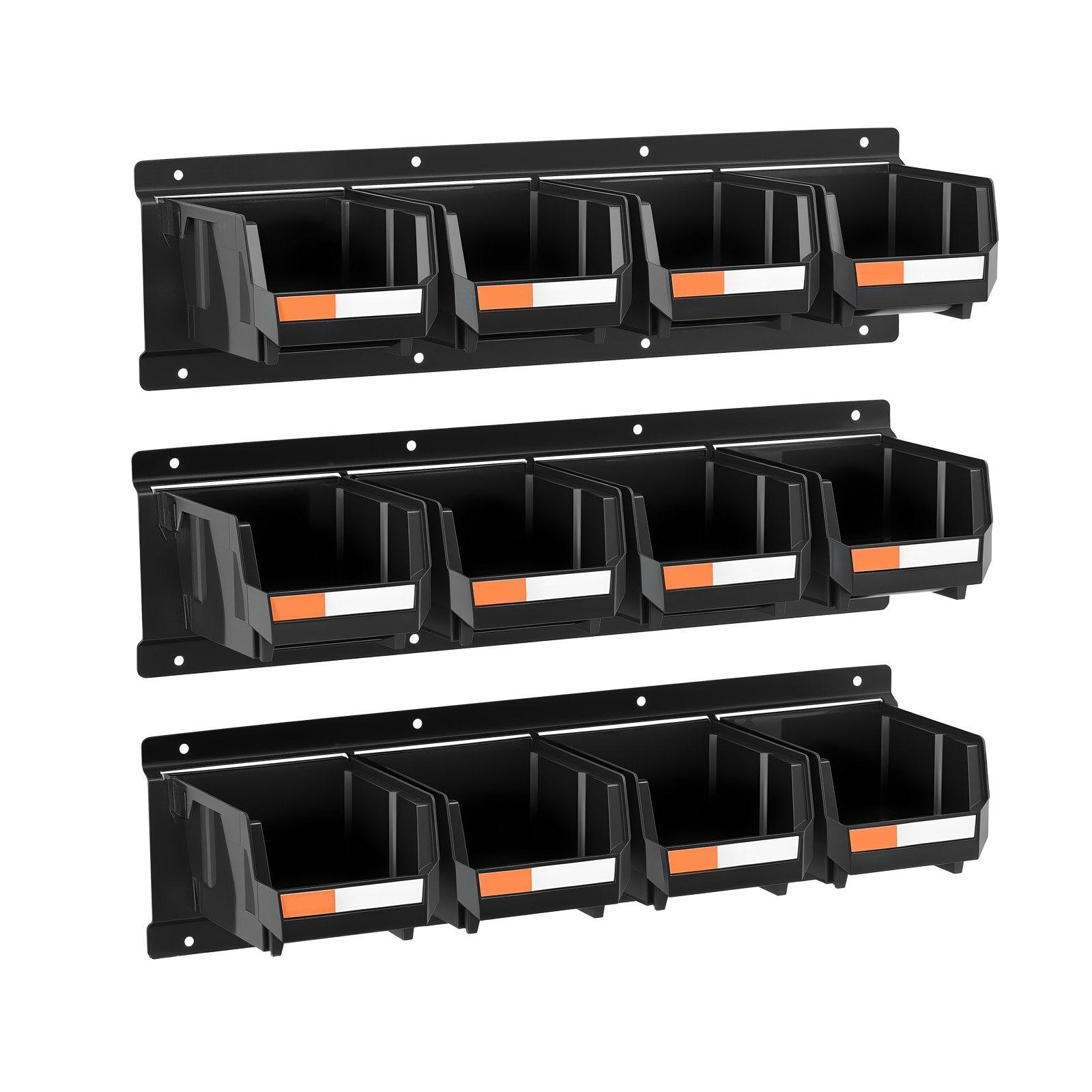 Wall Mounted Storage Bins, 12 Plastic Bins & 3 Metal Rails, Plastic Hanging Stackable Storage Bin For Screws, Nuts, Bolts, Nails, Hardware Tool Organizer For Workshop, Craft Room, Garage, Black