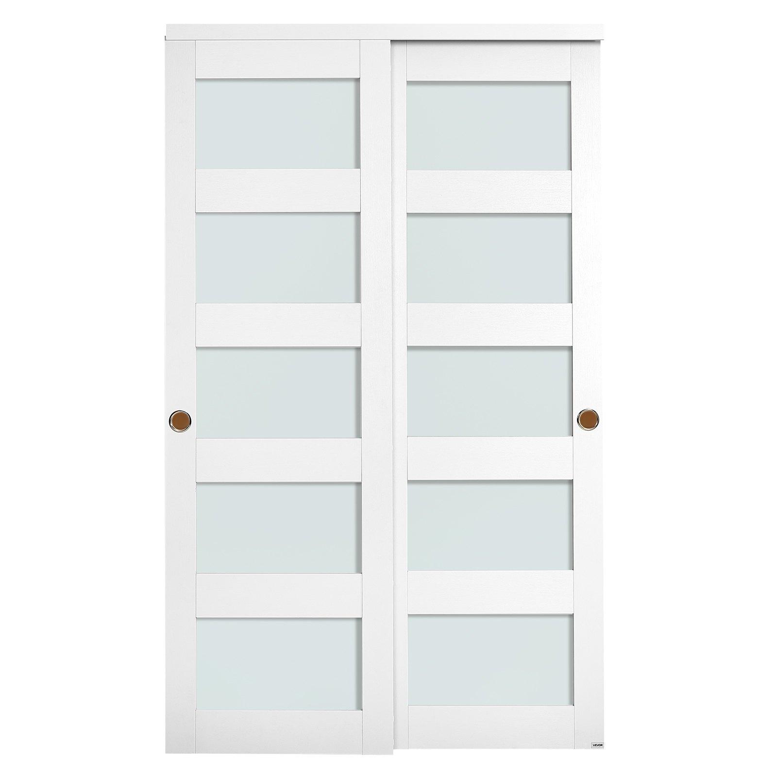 Sliding Closet Door, 48' Double 25' X 80', 5-Lite Frosted Glass Bypass Sliding Doors With Hardware Kit & Floor Guide, Solid Wood & MDF Slab With Waterproof PVC Surface For Closets Bedrooms