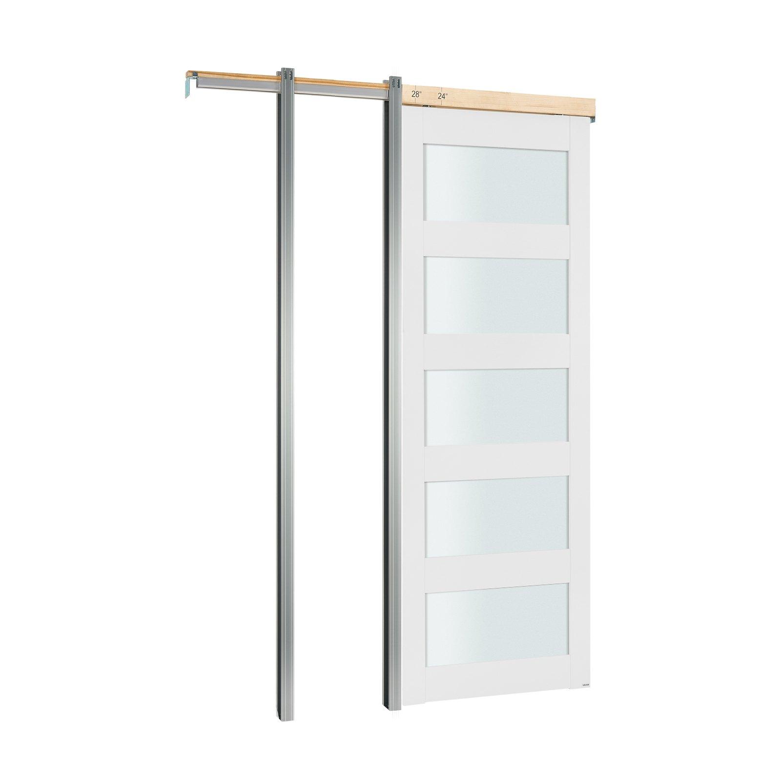 Sliding Pocket Door, 30" X 80", 5-Lite Frosted Glass Single Sliding Door With Hardware Kit, Sturdy Solid Wood & MDF Pocket Doors Slab With Waterproof Surface For Bedroom Kitchen Study Room