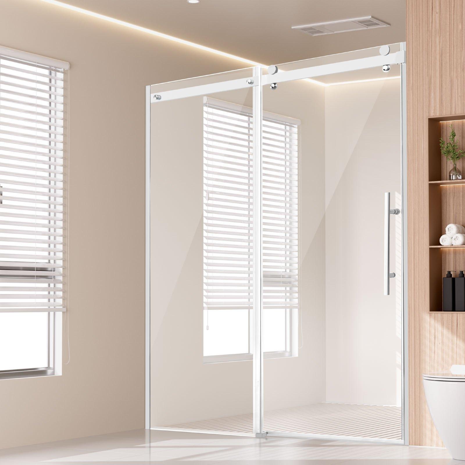 Frameless Shower Door, 58-59 W X 75 H In, Shower Sliding Glass Door With 5/16 In(8mm) Clear SGCC Tempered Glass, Waterproof Shatterproof NANO Stainproof With Stainless Steel Hardware, Chrome