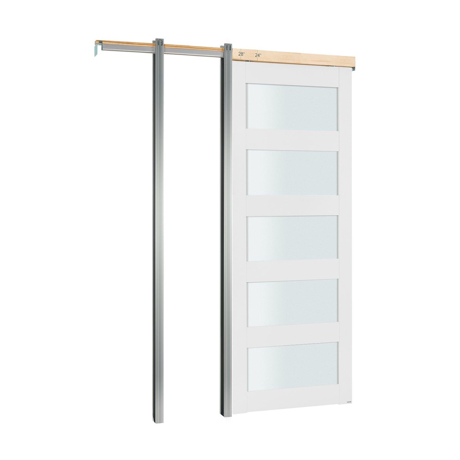 Sliding Pocket Door, 36" X 80", 5-Lite Frosted Glass Single Sliding Door With Hardware Kit, Sturdy Solid Wood & MDF Pocket Doors Slab With Waterproof Surface For Bedroom Kitchen Study Room