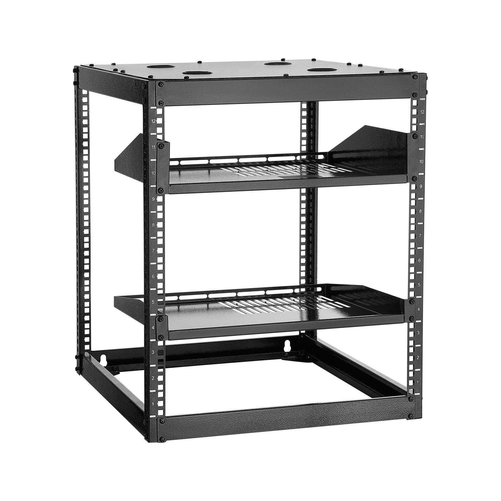 12U Open Frame Network Rack, 23 In Depth, Wall Mounted Or Floor Standing Server Rack, Heavy Duty 4 Post, With Vented Shelves & Mounting Hardware, Holds All Your Networking IT Equipment AV Gear