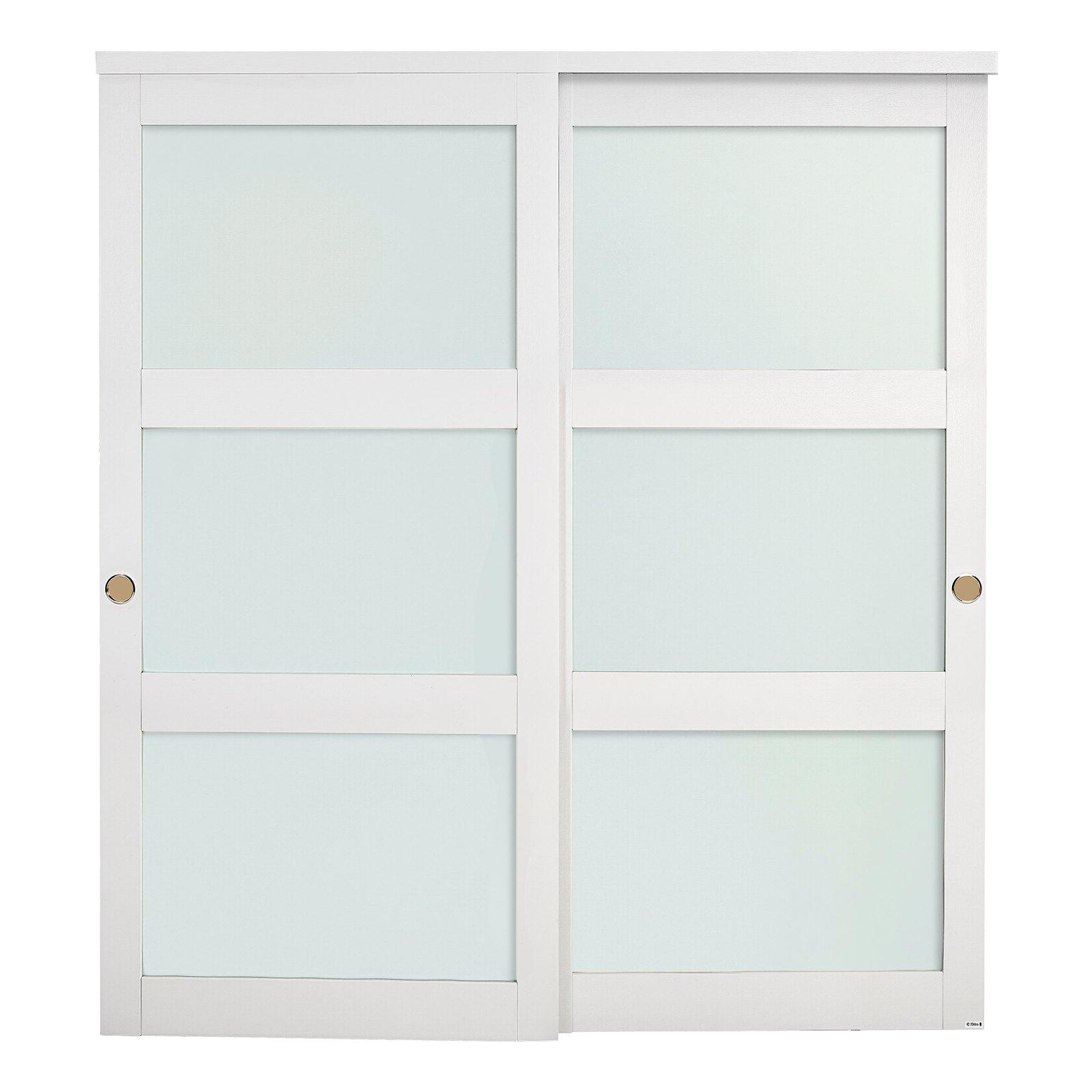 Sliding Closet Door, 72" (Double 37") X 80", 3-Lite Frosted Glass Bypass Sliding Doors With Hardware Kit & Floor Guide, Solid Wood & MDF Slab With Water-Proof PVC Surface For Closets Bedrooms