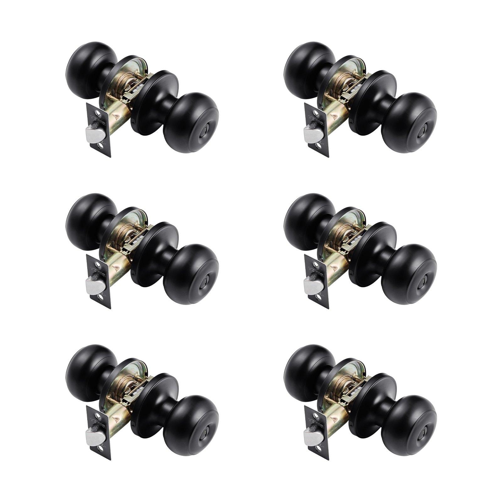 6 Pack Black Door Knobs, Privacy Door Knob With Round Ball, Keyless Exterior & Thumb Turn Lock Interior, All Metal Doorknobs Hardware, Matte Black Modern Design For Bedroom & Bathroom
