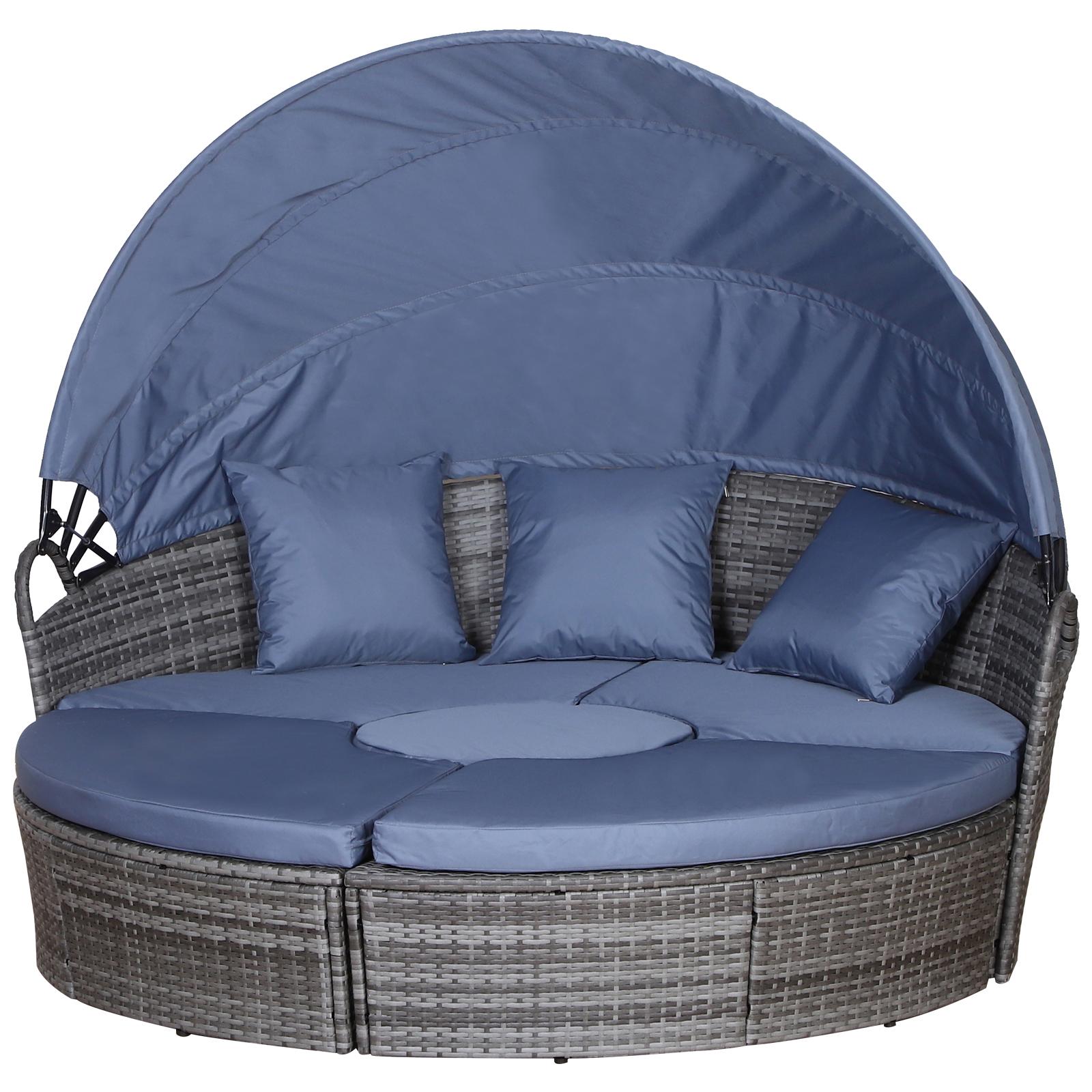 Outdoor PE Rattan Garden Furniture With Cushioned, Patio Wicker Conversation Furniture Set, Round Daybed With Retractable Canopy, Coffee Table And Three Pillows, Grey Blue Grey