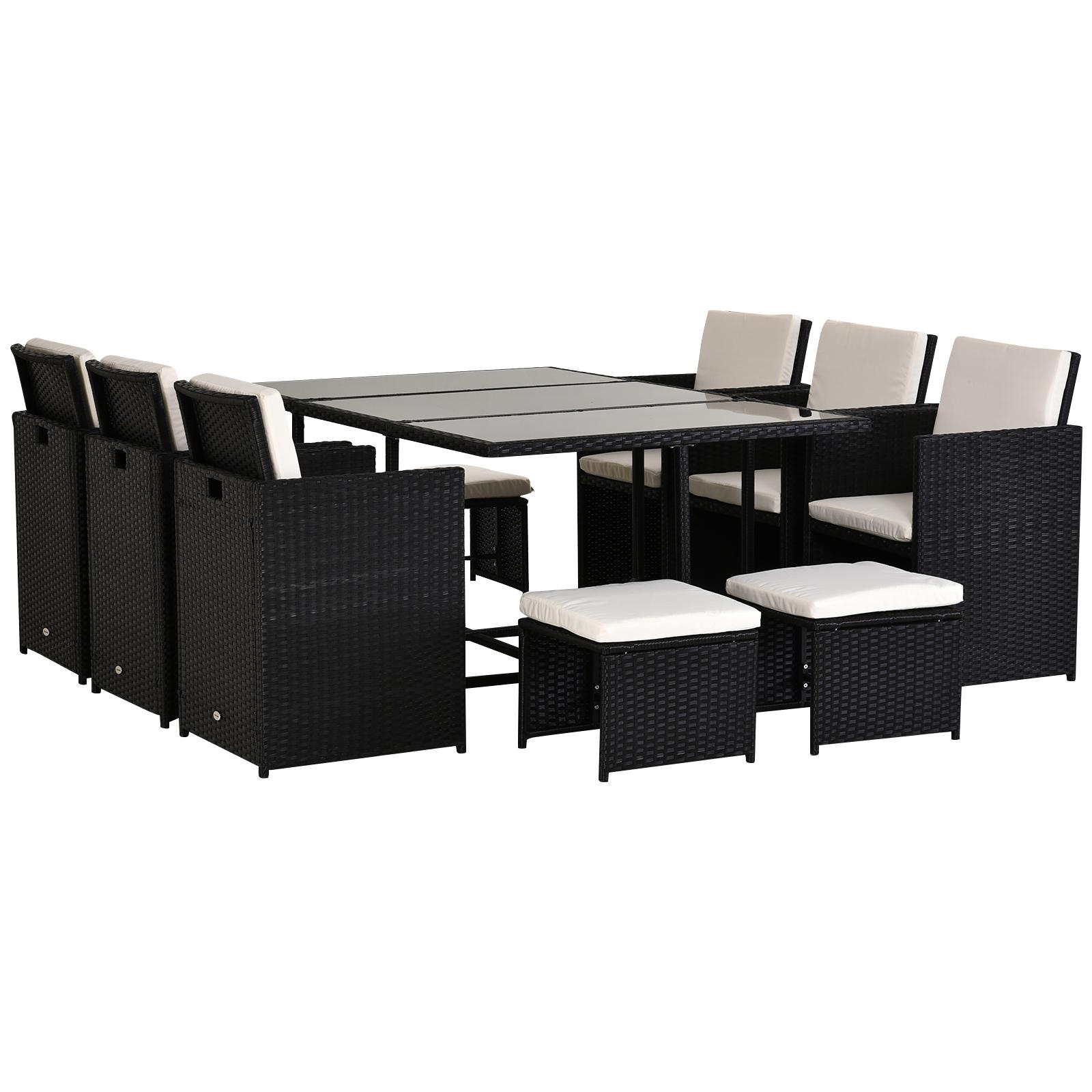 Rattan Dining Set Garden Furniture Patio Set 11 PC With Cushion Black /Milk White