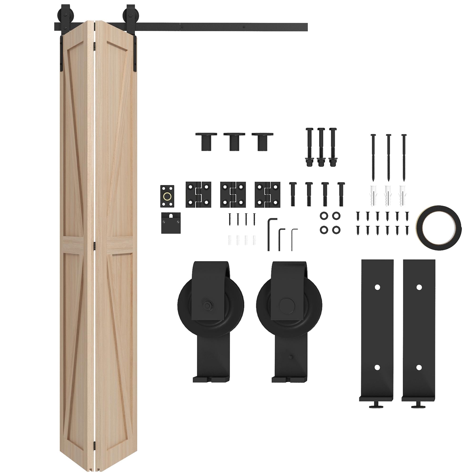 4FT/122CM Bi-Folding Sliding Barn Door Hardware Track Kit, Heavy Duty Sliding Door Kit For 2 Doors With J Shape Hanger