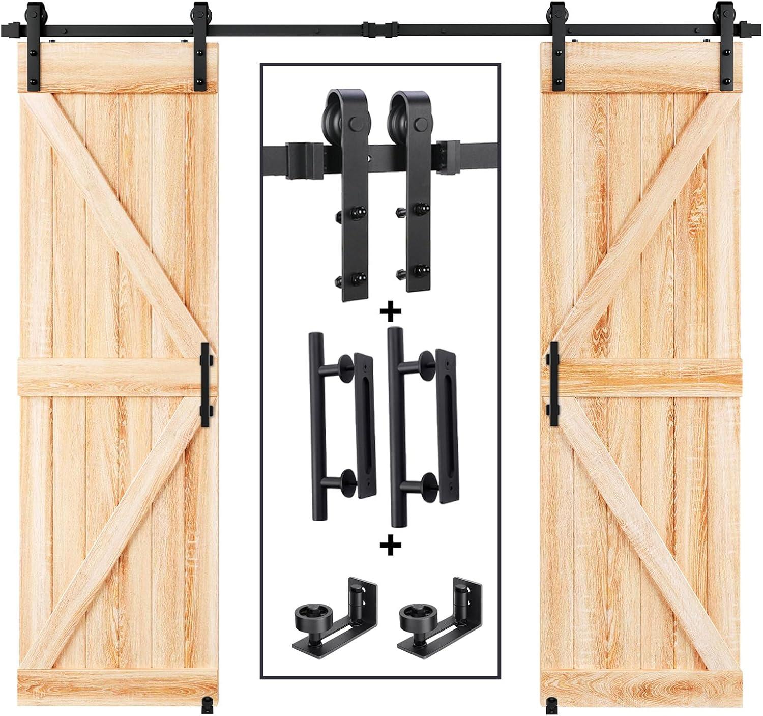 12FT Wood Double Sliding Barn Door Hardware Basic Black Big Spoke Wheel Roller Kit, 5-18FT For Choose