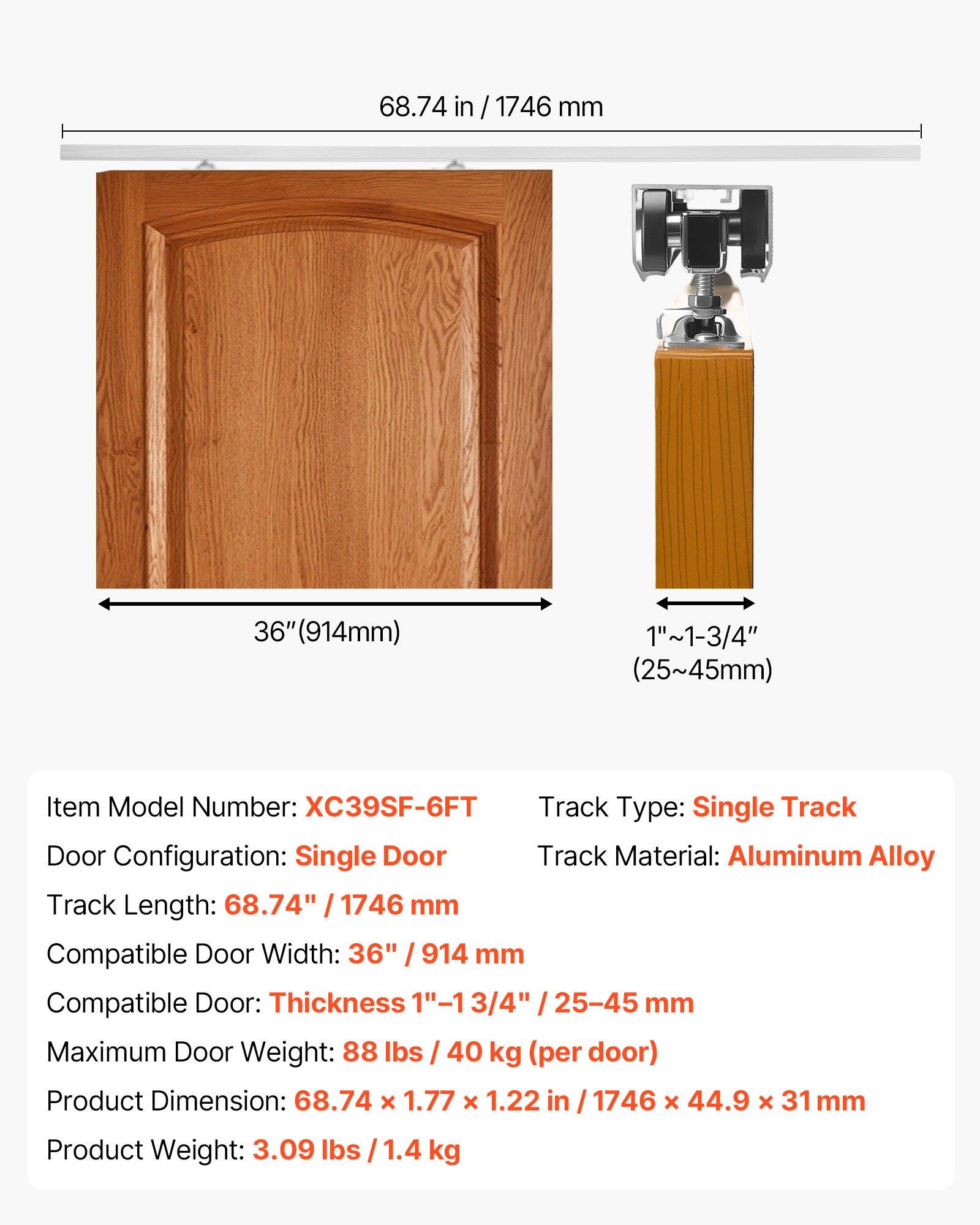 Sliding Pocket Door Hardware Track Kit, 68.74" Pocket Door Track Kit With Soft Close Mechanism For Smooth And Quiet Sliding, Easy To Install, For 1" To 1 3/4" Thickness 36" Width Single Door