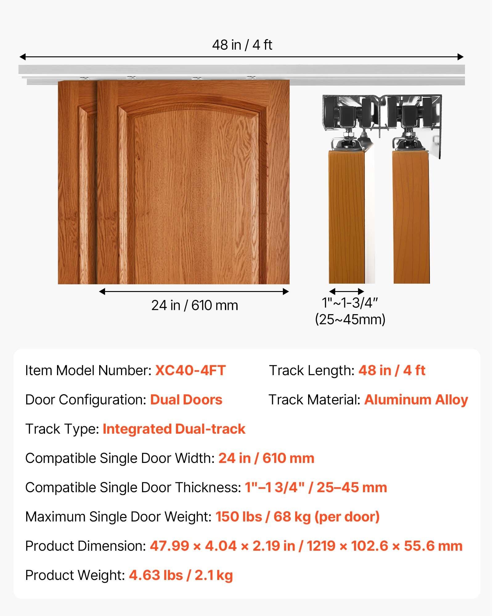 Bypass Sliding Door Hardware Kit, 4 Ft Aluminum Alloy Dual-Track Bypass Door Hardware, Smooth And Quiet Sliding, Easy To Install, For 1" To 1 3/4" Thickness 24" Width 2 Door System, For Closet