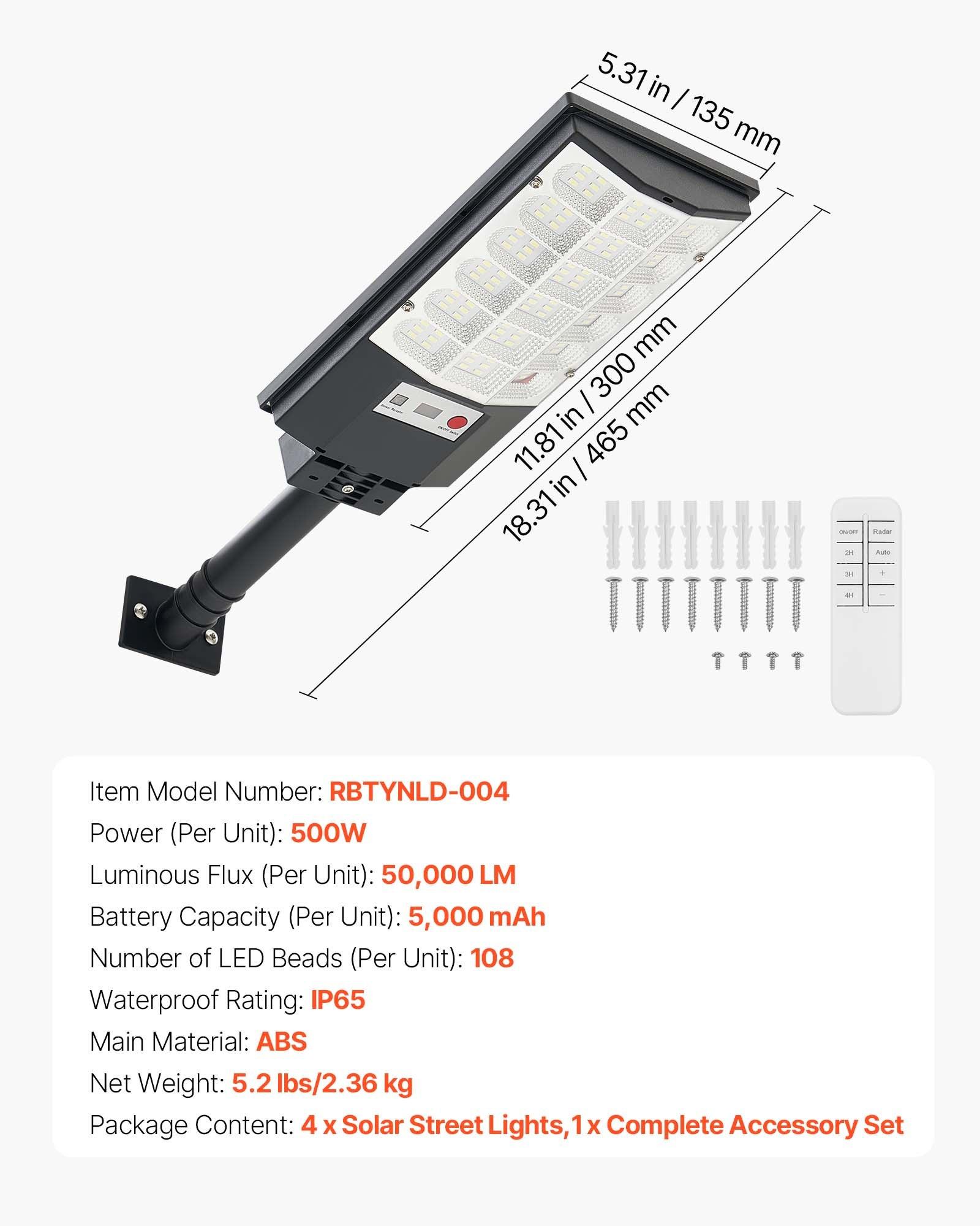 4 Pack 500W Solar Street Lights Outdoor, 50000LM, Commercial Parking Lot Lights Dusk To Dawn, LED Flood Security Lamp With Motion Sensor, IP65 Waterproof Outdoor Lighting, For Driveway Yard